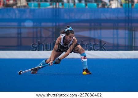 NANJING, CHINA-AUGUST 20: Eugenia Maria Trinchinetti of Argentina Hockey Team in action during Day 4 match against the Netherlands of 2014 Youth Olympic Games on August 20, 2014 in Nanjing, China.