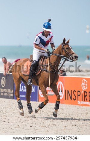 HUA HIN, THAILAND - APRIL 19: Unidentified player of France Polo Team in action during 2014 Beach Polo Asia Championship on April 19 2014 in Hua Hin, Thailand. France Polo Team wins 2-1.