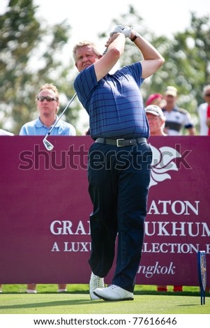 HUA HIN THAILAND - JANUARY 7: European team captain Colin Montgomerie of Scotland in action on day 1 of The Royal Trophy Europe VS Asia on January 7, 2011 at Black Mountain Golf Club Hua Hin Thailand