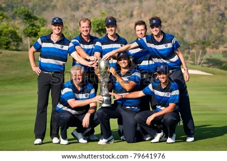 HUA HIN, THAILAND - JANUARY 9: European team pose with the trophy as they win the tournament on day 3 of The Royal Trophy Europe VS Asia on January 9, 2011 at Black Mountain Golf Club in Hua Hin, Thailand