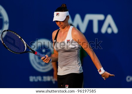 PATTAYA THAILAND - FEBRUARY 8: Vera Zvonareva reacts after losing a point during Round 2 of PTT Pattaya Open 2012 on February 8, 2012 at Dusit Thani Hotel in Pattaya, Thailand