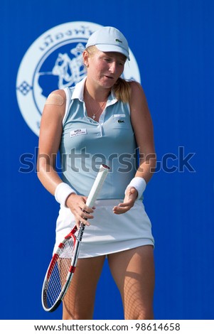 PATTAYA THAILAND - FEBRUARY 9: Alia Kudryavtseva of Russia reacts after losing a point during Round 2 of PTT Pattaya Open 2012 on February 9, 2012 at Dusit Thani Hotel in Pattaya, Thailand