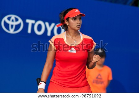 PATTAYA, THAILAND - FEBRUARY 9: Sania Mirza of India reacts after winning a point during Round 2 of PTT Pattaya Open 2012 on February 9, 2012 at Dusit Thani Hotel in Pattaya, Thailand