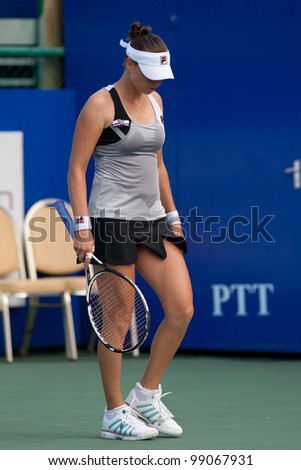 PATTAYA, THAILAND - FEBRUARY 10: Vera Zvonareva reacts after losing a point during Round 3 of PTT Pattaya Open 2012 on February 10, 2012 at Dusit Thani Hotel in Pattaya, Thailand
