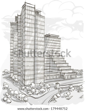 Architecture. Sketch. Drawing of building.City