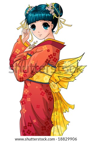 stock vector : Cute anime girl in kimono