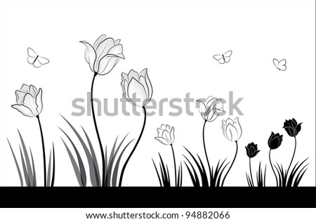 Black and white tulips and butterflies. A small set of spring flowers.