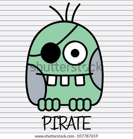 Little funny green monster pirate with eye patch, vector illustration ... Little funny green monster pirate with eye patch, vector illustration ...