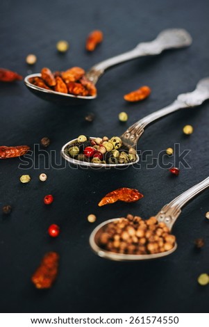 Colorful spices, creative arrangement. Food styling.