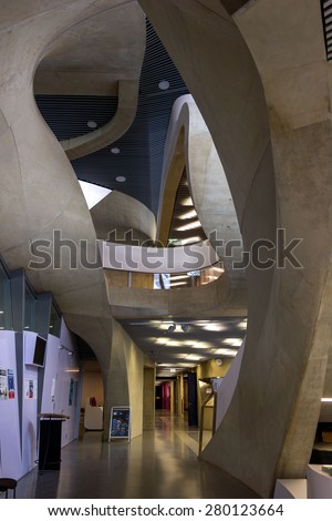 GRAZ, AUSTRIA - MAY 20, 2015: House of Music and Music Drama, MUMUTH. Contemporary architecture designed by architectural studio UNStudio. Interior detail.