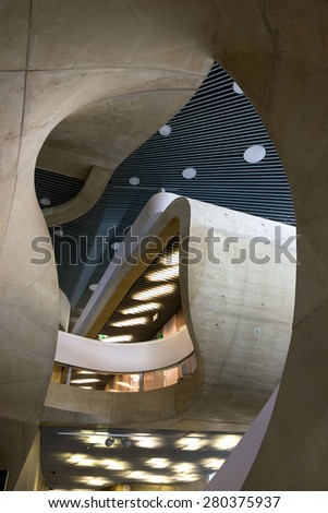 GRAZ, AUSTRIA - MAY 20, 2015: House of Music and Music Drama, MUMUTH. Contemporary architecture designed by architectural studio UNStudio. Interior detail.