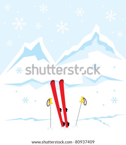 Winter season landscape, mountains and ski equipment in the snow, vector illustration