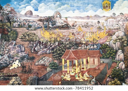 Thai Mural Painting on the wall Ramayana story  The temple is created with money donated by people it is public domain and open to the public Visits. no restrict in copy or use has murals on the walls
