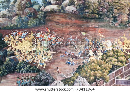 Thai Mural Painting on the wall Ramayana story  The temple is created with money donated by people it is public domain and open to the public Visits. no restrict in copy or use has murals on the walls