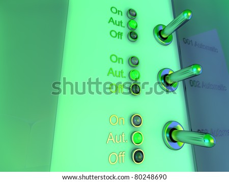 High resolution 3d render of an control panel in colorful lighting / control panel switches