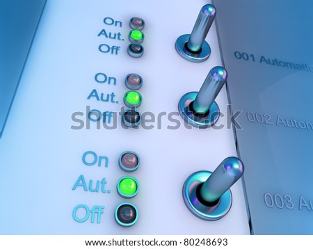 High resolution 3d render of an control panel in colorful lighting / control panel switches