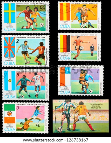 CUBA - CIRCA 1985: A set of postage stamps printed in CUBA shows football players. World football cup in Mexico 1986, series, circa 1985