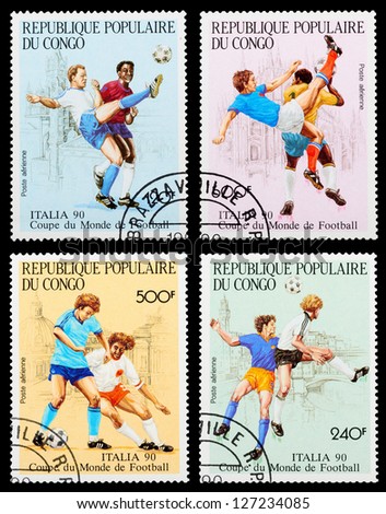 CONGO - CIRCA 1990: A set of postage stamps printed in CONGO shows football players. World football cup in Italy, series, circa 1990