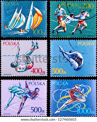 POLAND - CIRCA 1990: A set of postage stamps printed in POLAND shows sport games, series, circa 1990