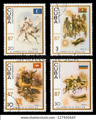 CUBA - CIRCA 1987: A set of postage stamps printed in CUBA shows post 19th century Russia, Bolivia, Egypt and Siam, series, circa 1987