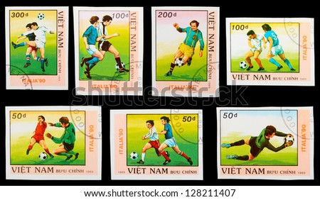 VIETNAM - CIRCA 1989: A set of postage stamps printed in VIETNAM shows football players. World football cup in Italy, series, circa 1989