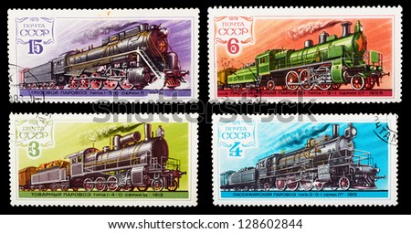 USSR - CIRCA 1979: A set of postage stamps printed in USSR shows trains and locomotives, series, circa 1979