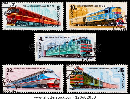 USSR - CIRCA 1982: A set of postage stamps printed in USSR shows trains and locomotives, series, circa 1982