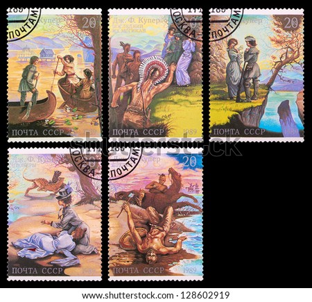 USSR - CIRCA 1989: A set of postage stamps printed in USSR shows illustrations from the novels of James Cooper, series, circa 1989