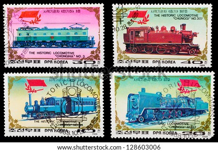 DPR KOREA - CIRCA 1988: A set of postage stamps printed in DPR KOREA shows trains and locomotives, series, circa 1988