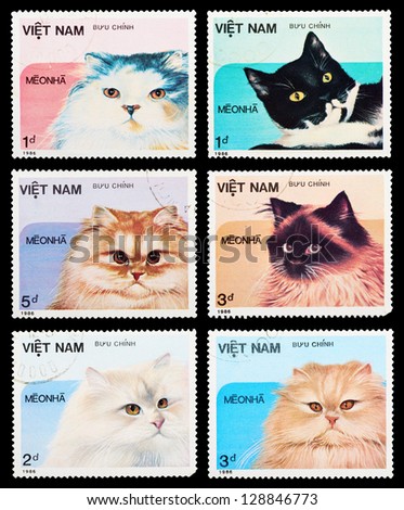 VIETNAM - CIRCA 1986: A set of postage stamps printed in VIETNAM shows cats, series, circa 1986
