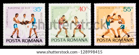 ROMANIA - CIRCA 1969: A set of postage stamps printed in ROMANIA shows sport games-box, series, circa 1969