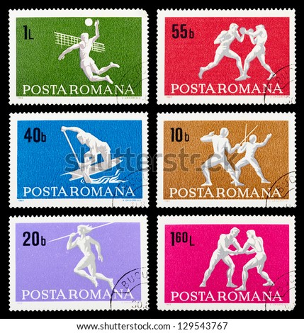 ROMANIA - CIRCA 1969: A set of postage stamps printed in ROMANIA shows sport games-box, series, circa 1969