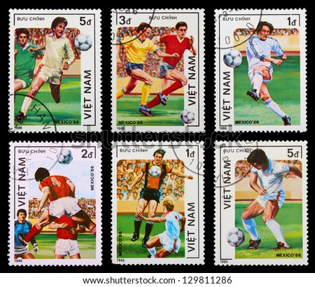 VIETNAM - CIRCA 1986: A set of postage stamps printed in VIETNAM shows football players, series, circa 1986