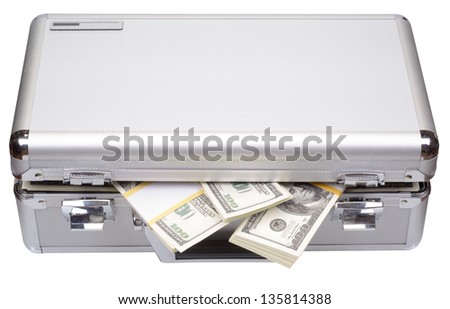 The metal case with dollars and euros isolated on a white background