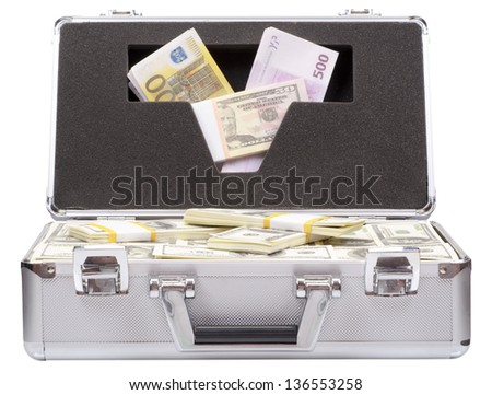 The metal case with dollars and euros isolated on a white background