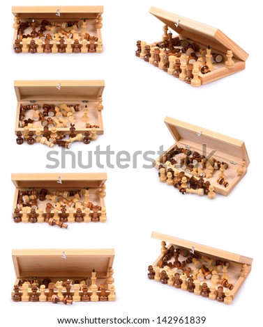 Set of a wooden chess pieces on a chess board isolated on a white background