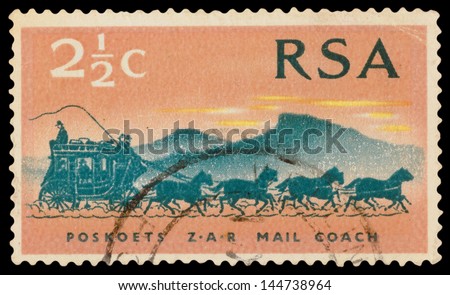 SOUTH AFRICA - CIRCA 1969: A stamp printed in the SOUTH AFRICA, shows Mail Coach, circa 1969