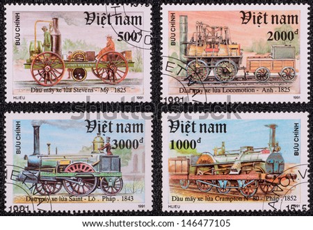 VIETNAM-CIRCA 1991: A set of postage stamps printed in the VIETNAM, shows an old locomotive, circa 1991