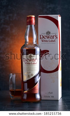 RUSSIA - MARCH 28, 2014: A Glass of Dewar`s scotch whisky.