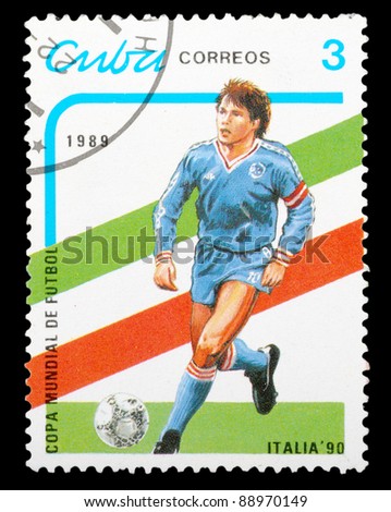 CUBA - CIRCA 1989: a stamp printed by CUBA shows football players. World football cup in Italy, series, circa 1989