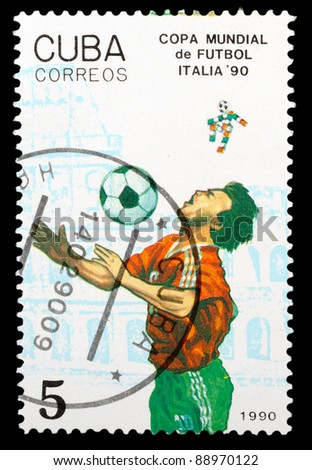 CUBA - CIRCA 1990: a stamp printed by CUBA shows football players. World football cup in Italy, series, circa 1990