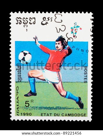 CAMBODIA - CIRCA 1990: a stamp printed by Cambodia shows football players. World football cup in Italy, series, circa 1990