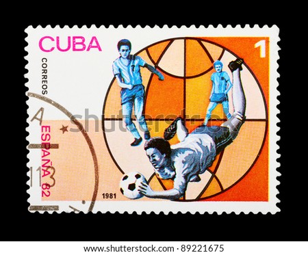 CUBA - CIRCA 1981: a stamp printed by CUBA shows football players. World football cup in Spain, series, circa 1981