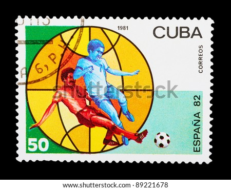 CUBA - CIRCA 1981: a stamp printed by CUBA shows football players. World football cup in Spain, series, circa 1981