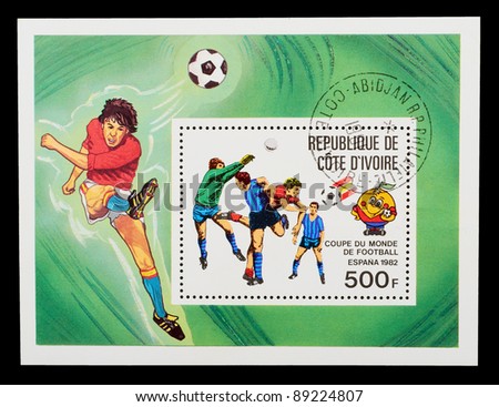REPUBLIC OF COTE D\'IVOIRE - CIRCA 1981: A stamp printed by REPUBLIC OF COTE D\'IVOIRE shows football players. World football cup in Spain, series, circa 1981