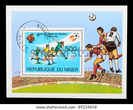 NIGERIA - CIRCA 1981: A stamp printed by NIGERIA shows football players. World football cup in Spain, series, circa 1981
