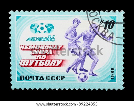 USSR - CIRCA 1986: A stamp printed by USSR shows football players. World football cup in Mexico, series, circa 1986