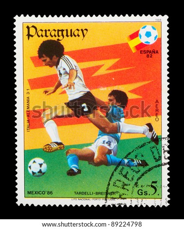 PARAGUAY- CIRCA 1984: A stamp printed by PARAGUAY shows football players. World football cup in Spain, series, circa 1984