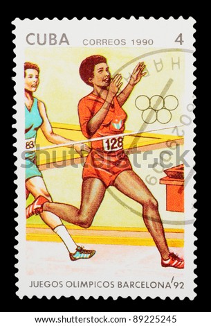 CUBA- CIRCA 1990: A stamp printed by CUBA shows the running. BARCELONA OLYMPIC GAMES 92 series, circa 1990