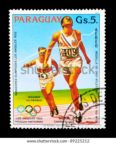 PARAGUAY - CIRCA 1983: A stamp printed by PARAGUAY shows the running. LOS ANGELES OLYMPIC GAMES 1984 series, circa 1983